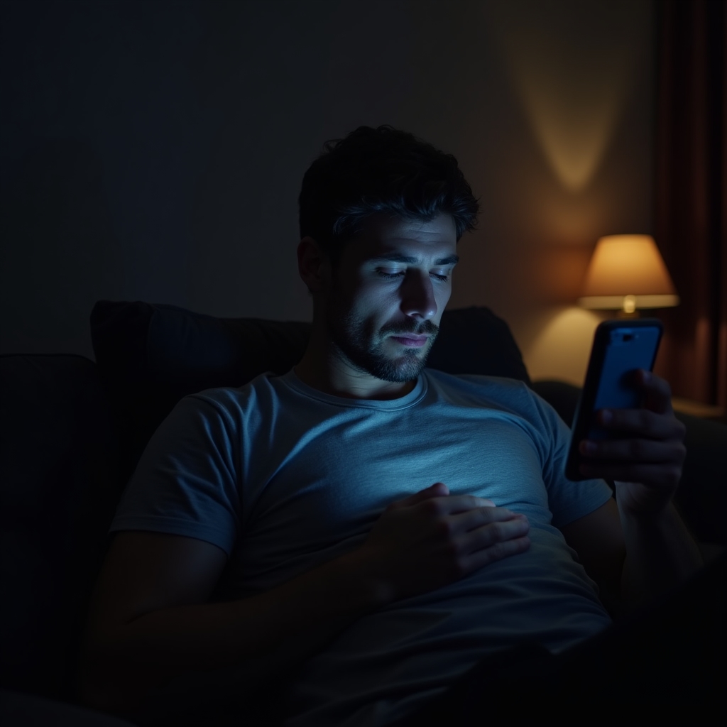 Person liegt erschöpft auf dem Sofa und scrollt abends auf dem Smartphone