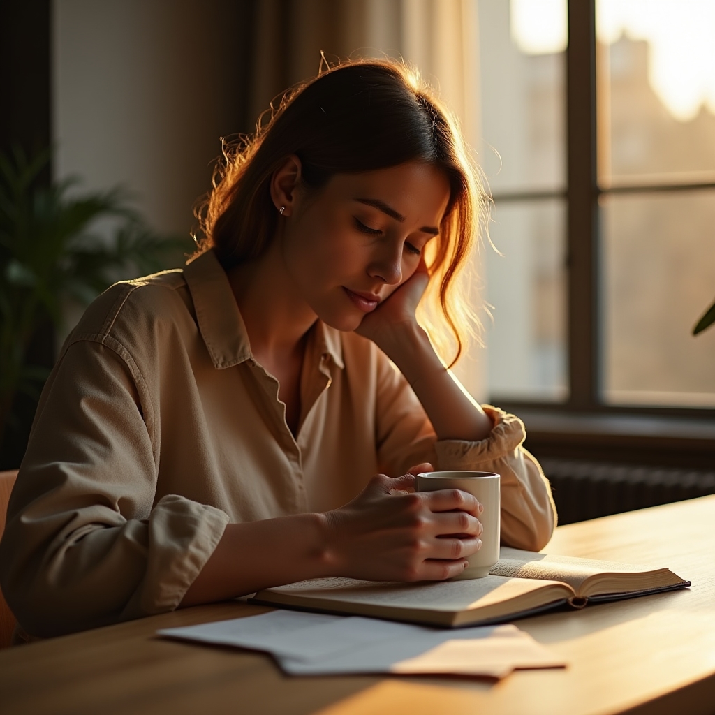 Person hält eine Tasse Kaffee und schaut nachdenklich auf ein aufgeschlagenes Notizbuch
