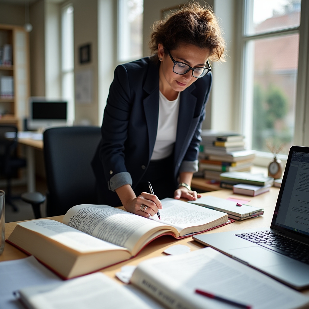 Schreibtisch mit aufgeschlagenen Büchern, Textmarkern und einem Laptop während der Redaktionsarbeit